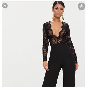 Black lace long sleeve plunge jumpsuit